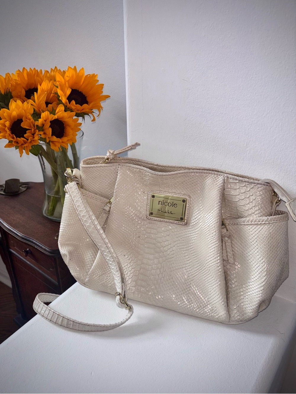 Nicole Miller Faux Snakeskin Shoulder Bag Cream Python Print Y2K Glam